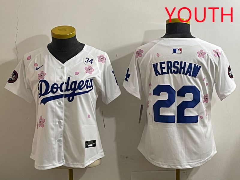 Youth Los Angeles Dodgers #22 Kershaw White Sakura Edition 2025 Nike MLB Jersey style 7->youth mlb jersey->Youth Jersey